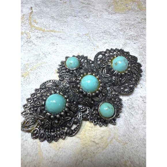 Vintage Large Statement Brooch Silver Tone with Turquoise Stones - Picture 3 of 6